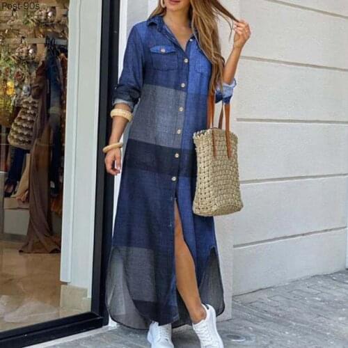 2021 Denim Long Shirt Dress Women Pocket Button Print Long Dress Long Sleeve Shirts Dress Loose Casual Maxi Dresses Vestidos