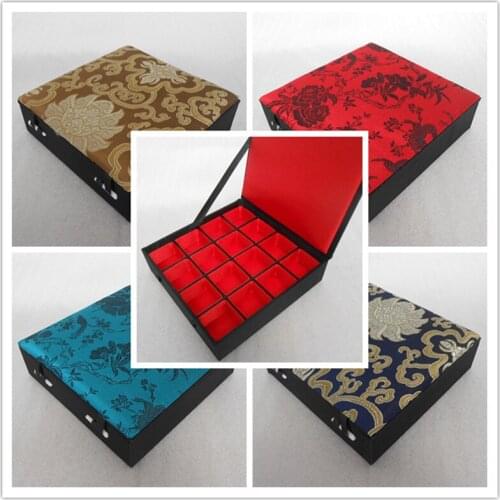 16 Grid Slot Wooden Ring Storage Box Decorative Chinese Silk Brocade Earrings Pendants Coin Collection Case Wedding Gift