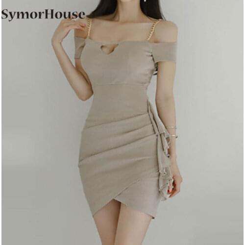 2021 Fashion Party Dress Women Elegant Apricot Sexy Strap Slash Neck Night Club Mini Dresses Vestidos Summer