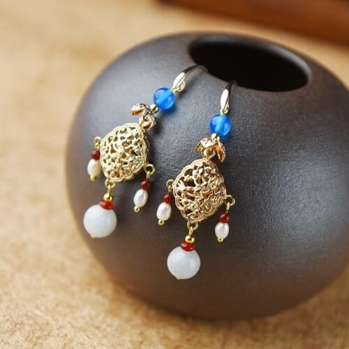 BOEYCJR Ethnic Vintage Stone Beads Gold Color Dangle Earrings Fashion Jewelry Hollow Alloy Drop Earrings For Women Gift