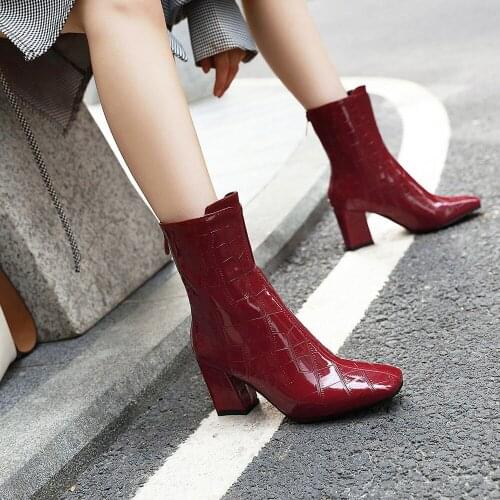2020 New Women Ankle Boots Female Zip Autumn Winter PU Leather Square Toe Woman Chelsea boots High Heels Booties White Red Black