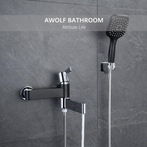 Black Wall Mounted Bathroom Bathtub Faucet Solid Brass Shower Chrome Bath Tap Hot And Cold Shower Mixer Spout Set AH3053