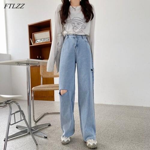 FTLZZ New Summer Women Vintage Hole Blue Long Denim Pants Streetwear Female Washed Straight Jeans Ladies Loose Trousers