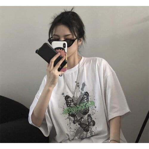 Butterfly Print Loose Retro T-shirt Womens T-shirts Tops Japanese Kawaii Ulzzang Female Korean Harajuku Clothes For Women