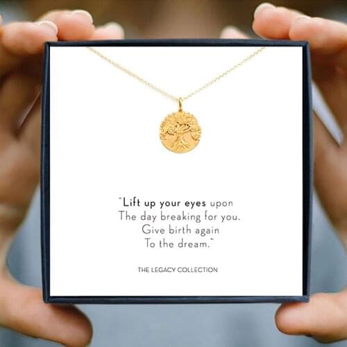 IcareU Blessing Tree Of Life Tree Necklace Women Wishing Card Creative Alloy Short Golden Plated Chain Valentines Day Gift Box