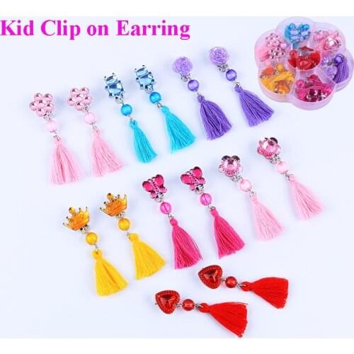 New Style 7pairs/Set Cute Acrylic Tassel Clip on Earrings for Childrens Girls Kids Party Lovely No Hole Ear Clip Jewelry Gifts