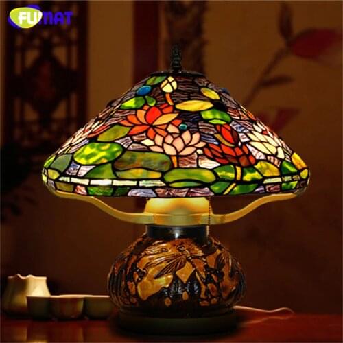 FUMAT Table Lamps Lotus Stained Glass led light lustre Handmade LED Bedside desk light Living Room table light Decor Light