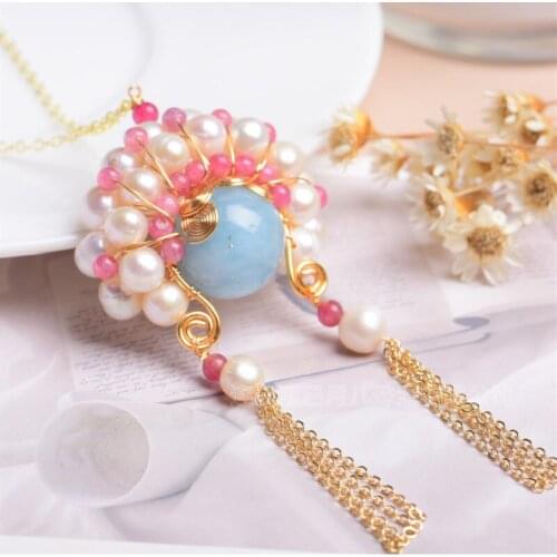 Natural Aquamarine. Natural Crystals. Natural Pearls Bohemian Style Fashion Necklace HandmadeWinding Temperament Long Necklacece