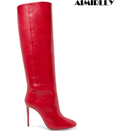 Aimirlly New Arrival Sexy Women Round Toe High Heel Stiletto Knee High Boots Spice Red Party Dress Boots Pull On