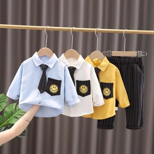 JY 2Piece/Set Boys Casual Long-Sleeved Shirt Lapel Tie+Pant Two-Piece Gentleman Printed Casual Suit 80 90 100 110 120 XZ01