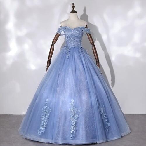 Quinceanera Dresses Haze Blue Boat Neck Party Prom Ball Gown Off The Shoulder Vintage Lace Quinceanera Dress Robe De Bal