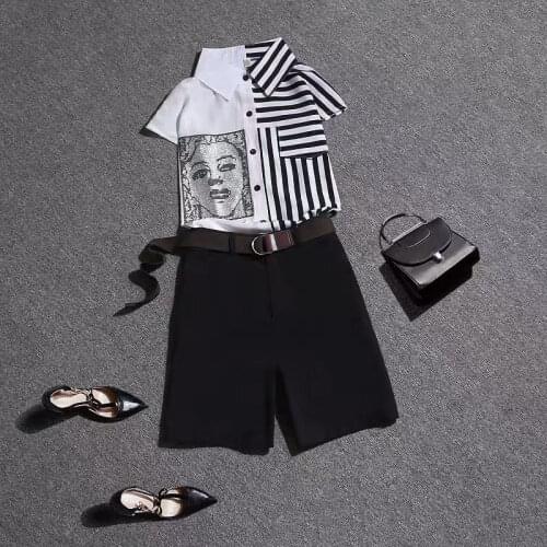 With Belt! Ladies Summer Casual Pants Set Stripped Print Ladies Nice Sequined Short Sleeve Shirt + Shorts Suit Pants NS314