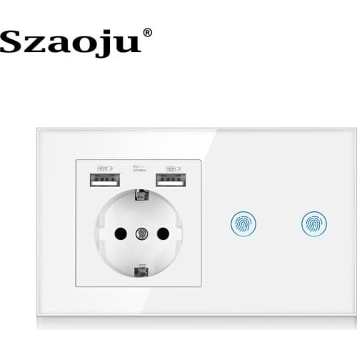 Szaoju Touch Sensor Switch With EU Power Usb Socket Crystal Glass Panel White Black Gold Wall Socket With Light Switch 1/2/3Gang