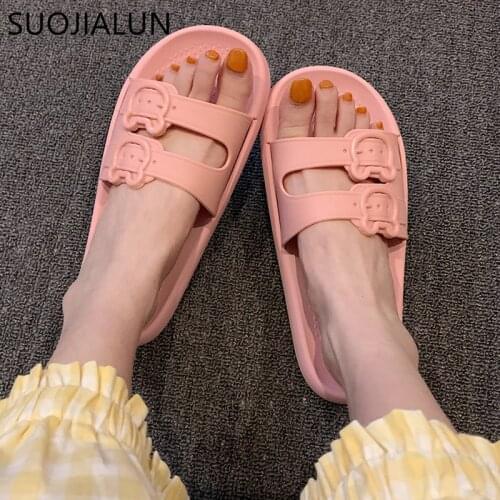 SUOJIALUN Summer Women Slippers Shoes Cute Open Toe Slides Soft Sole Flat Heel Casual Outdoor Beach Flip Flops Slides Sandals