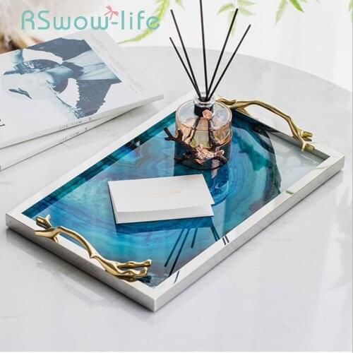 Modern Light Luxury Lake Blue Agate Pattern Rectangular Living Room Kitchen Glass Cup Tray Table Storage Tray Serving Platter