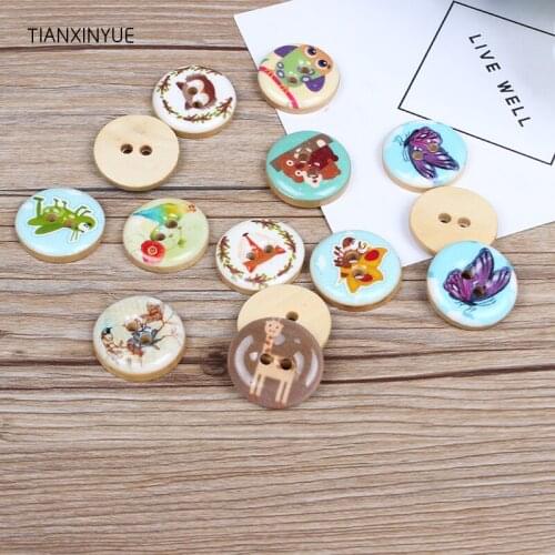 TIANXINYUE 25mm Zoo series wooden buttons Natural Wooden Round Button Scrapbooking Sewing DIY Clothing Accessories