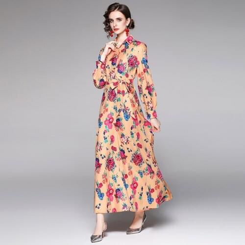 Spring Holiday Runway Maxi Dress Women Long Sleeve Floral Print Long Party Dress Casual Female Vestido N7454