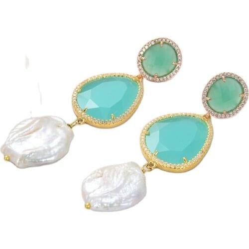 GG Jewelry Cultured White Keshi Pearl Blue Crystal Cz Pace Hook Dangle Earrings