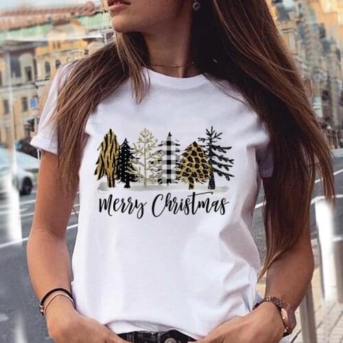Women T Top Merry Christmas Tree Lovely Short Sleeve Holiday Print Cartoon Shirt Female Graphic Tee Tshirt New Year T-Shirts