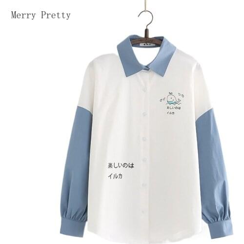 2021 Summer Women Cotton Blouse Cartoon Print Patchwork Single Breasted Casual Shirts Turndown Collar Korean Ladeis Basic Top