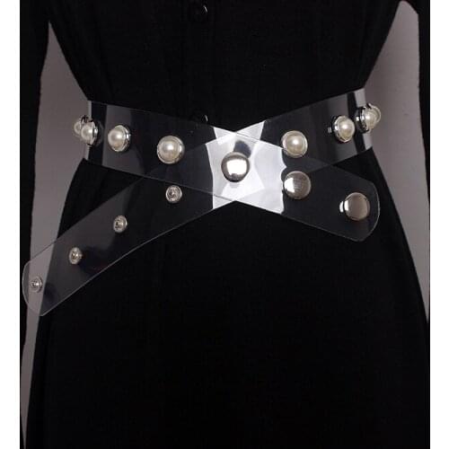 Womens runway fashion transparent pearl beaded PVC Cummerbunds female Dress Corsets Waistband Belts decoration wide belt TB1536