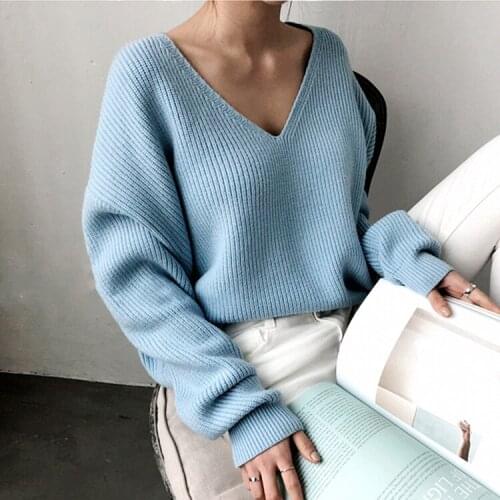 2020 Autumn Winter Korean Sexy Womens Casual Knitwear V-Neck Minimalist Tops Irregular Hem Knitted Full Sleeves Sweaters