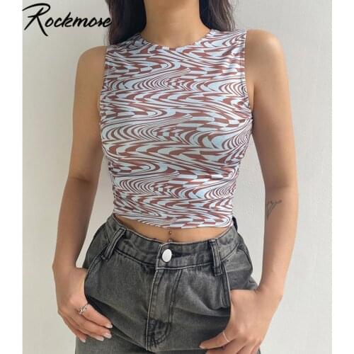 Rockmore Ripple Printed Crop Top Women Y2K Casual Sleeveless T Shirt Sexy Sleeveless Tank Tops Party O Neck Vest Summer Clothes