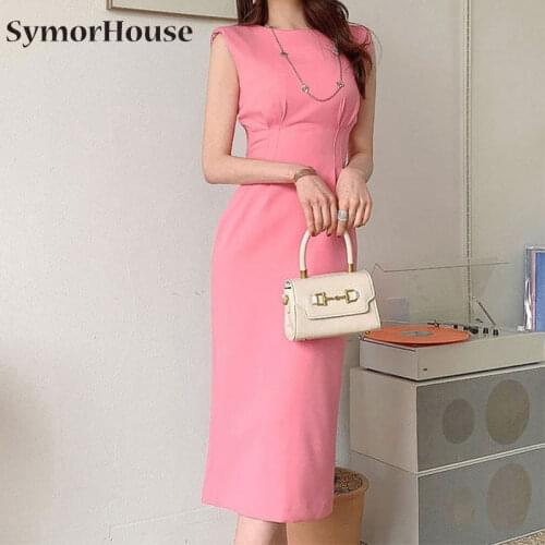 Brief Style Summer New 2021 Women Elegant Pink Sleeveless Slim Long Midi Pencil Dresses Formal Office Lady Work