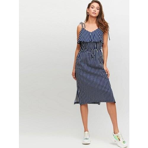 Women Vintage Striped Printed Sashes A-line Party Dress Sleeveless Sexy V neck Solid Ruffles Casual Dress 2021 Summer New Dress