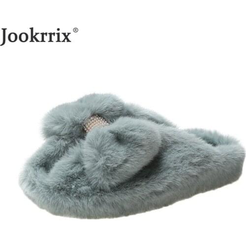 2021 Winter Women Fur Slippers Adult Indoor Slides Fashion Solid Soft Sole Brand Rhinestone Flats Low Heel Cute Warm Lady Shoes