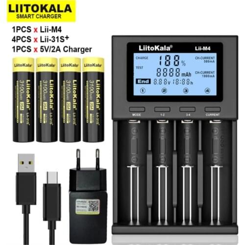 4PCS New LiitoKala Lii-31S 18650 Battery 3.7V Li-ion 3100mA 35A Power Battery For high Drain Devices.+Lii-M4 Charger 5V 2A