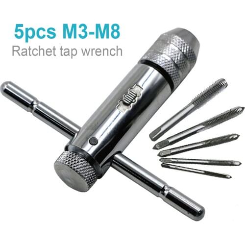 5PCS/set M3-M8 Adjustable Threaded Metric T-handle Ratchet Tap Wrench with 5 Pieces of M3-M8 Machine Threaded Metric Plug Taps