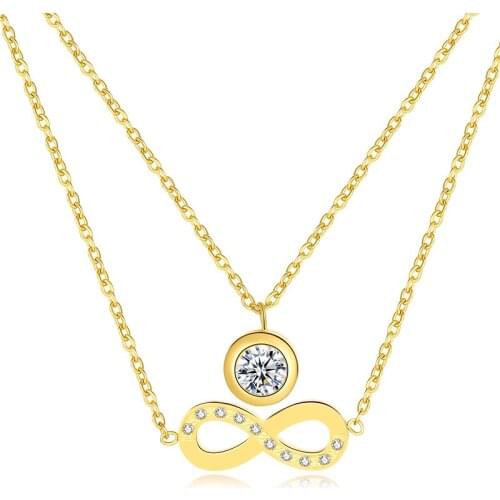 8-shaped double chain zircon hanging pendant necklace stainless steel link Chain gold color necklace for women