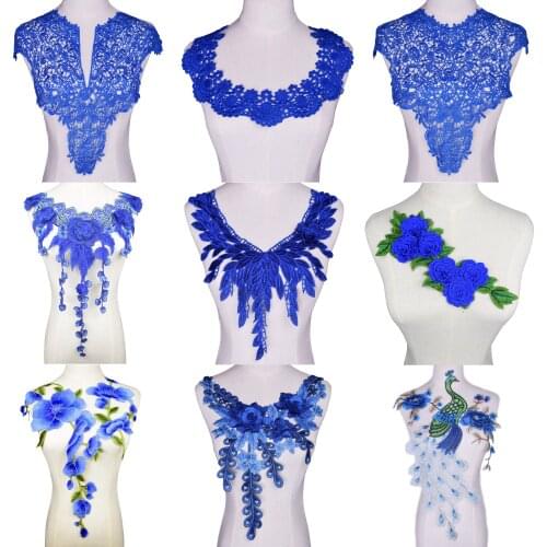1Pc Sewing Blue Embroidered Fabric Sequins Lace Neckline Collar Applique Applications for Clothes DIY Accessories