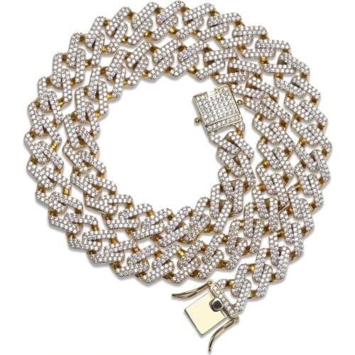 14mm Miami Prong Set Cuban Chains Necklace For Men Gold Silver Color Hip Hop Iced Out Paved Bling CZ Rapper Necklace Jewelry