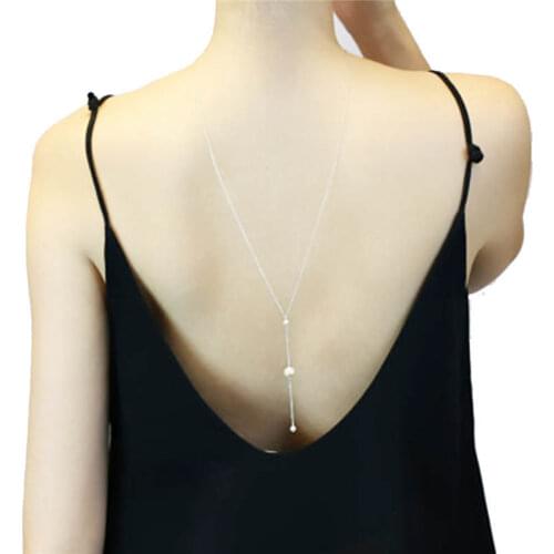 DoreenBeads Acrylic Back Wedding Necklace Sexy Summer Body Jewelry Silver Color Round White Imitation Pearl 66cm long 1PC