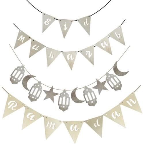 JQSYRISE 10Pcs Wooden Eid Mubarak Banner Islamic Muslim Ramadan Lantern Moon Star Bunting Garland Eid Party Decoration Supplies