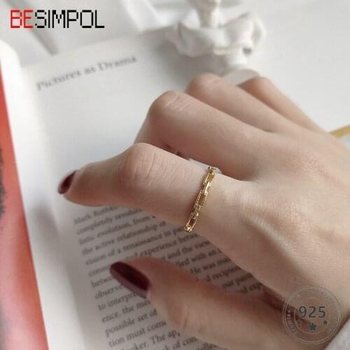 Besimpol Real 925 Sterling Silver Rectangle Buckle Rings Fashion Square Geometric Open Slim Rings For Women Gold Fine Jewelry