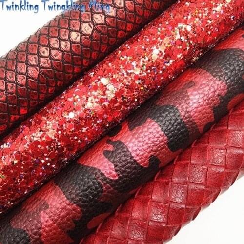 Red Glitter leather, Camouflage Printed Faux Leather, Weaving Snake Synthetic Leather For Bow A4 21x29CM Twinkling Ming KM253
