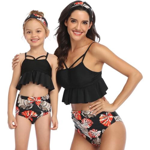 2-12 Year Girls Swimsuit Kids Swimwear Floral Print Mom and Daughter Bikini Sets Ruffle Children Female Beach Wear Bathing Suits