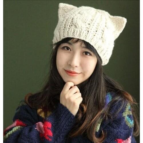 Lovely Cat Ears Knitted Riding Hat Women Winter Warm Solid Color Lady Winter Beanies Casual Wool Caps