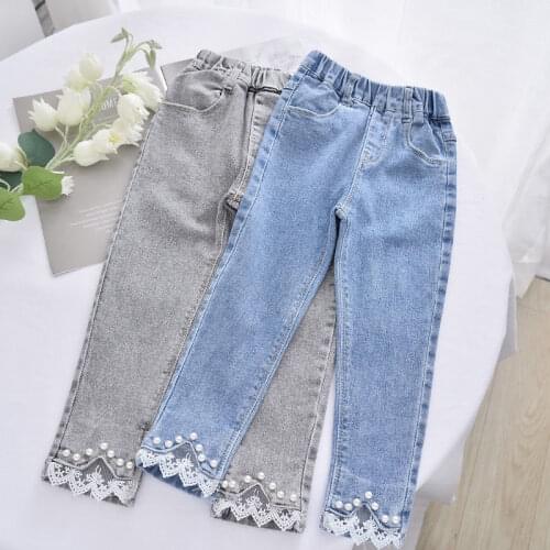 1-8Y Toddler Baby Girls Fashion Beaded Jeans Autumn Winter Lace Panel Jeans Long Pants Kids Girls Jeans Trousers Stretch Pants