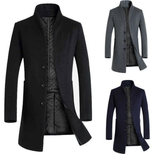 Mens Long Collar Coat Wool Trench Single Breasted Slim Fit Overcoat Stand 2019