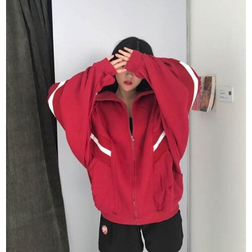 NORMOV Warm Women Hoodies Sweatshirt Loose Patchwork BatwingSleeve Sweatshirts Zip-up Streetwear Thick Women Clothes Plus Size