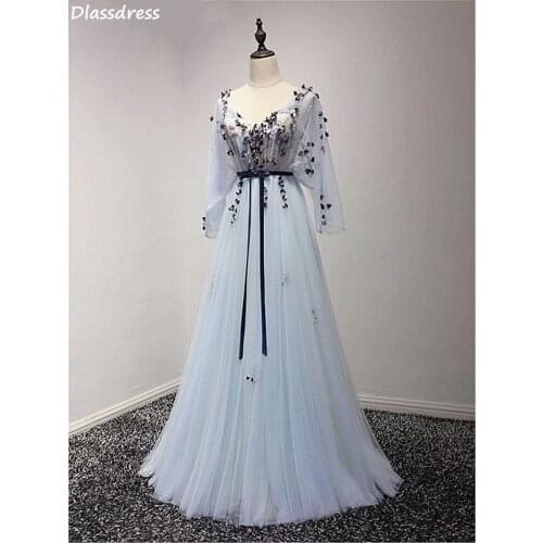 2020 Prom Dresses Three Quarter Sleeves Flowers A-line Floor Length V-neck Illusion Backless Evening Dress платья знаменитостей