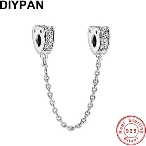 Fit Pandora Bracelet Charm 925 Silver Original Clear Pave Heart Clip Safety Chain Charm Bangle Women DIY Jewelry Berloque