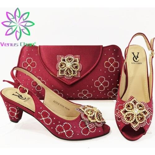 Latest Red color Italian Shoes and Bag Set for Party In Women Wedding Shoes Bride Cristal High Quality African Wedding Shoes
