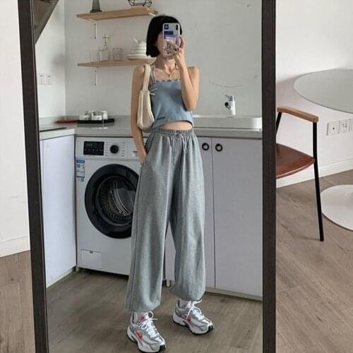 HOUZHOU Casual Gray Sweatpants Women Harajuku Elastic Waist Jogging Korean Style Harem Pants Loose Joggers Fashion Streetwear
