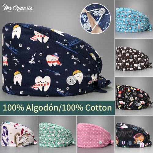 Wholesale Cotton Anime Printing Hats Adjustable Scrub Hat Beauty Salon Working Hat Laboratory Pet Shop Scrubs Caps Custom Logo
