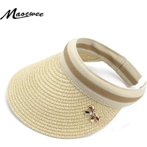 2018 new fashion Women panama beach cap mom-kid empty top visor straw caps summer sun-shading hat With foldable bowknot Bone